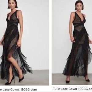 NWT BCBG MAXAZRIA Fringed tulle adorns  lace gown.